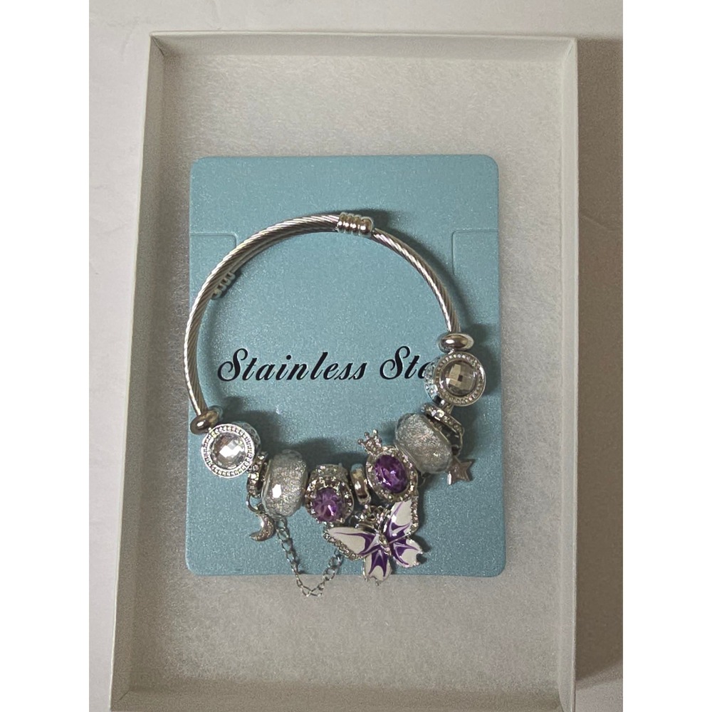 Stainless Steel Purple Butterfly Charm Cable Bangle Bracelet Silver Tone NWT